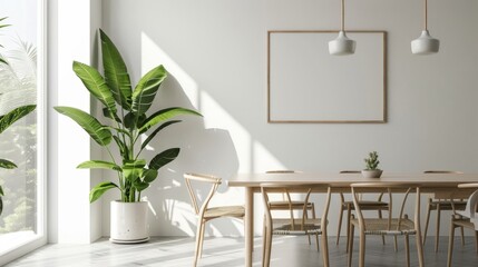 Minimalist Dining Room with Natural Light and Greenery - A modern dining room with a wooden table and chairs, a large plant, a blank canvas, and natural light streaming in from a window. The space is 