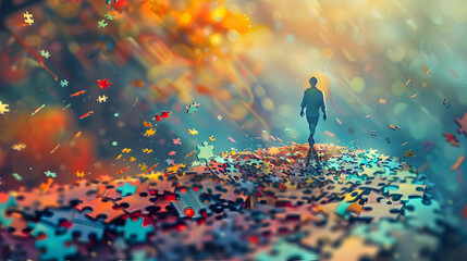 An individual walks along a twisting path made of puzzle pieces surrounded by scattered pieces in a surreal and imaginative background  The scene features intricate puzzle designs