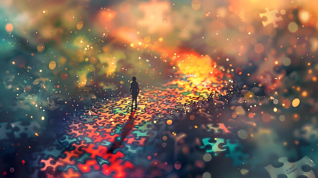 A tiny figure walking on a winding path made of colorful puzzle pieces surrounded by scattered pieces in a surreal and dreamlike background
