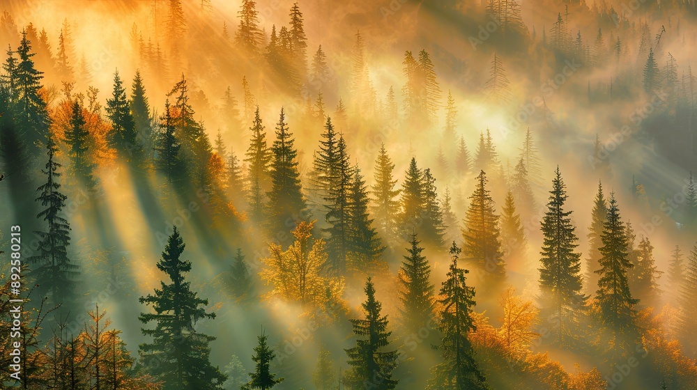 Poster a beautiful forest with trees in the foreground and background. the sun is shining through the trees