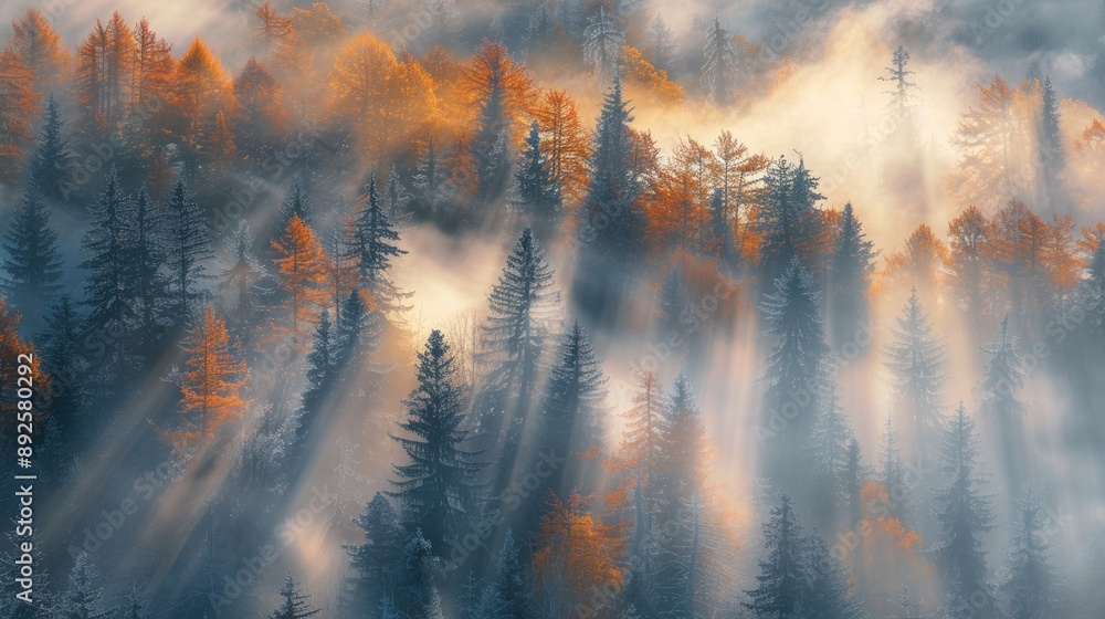 Poster a forest with trees covered in mist and fog. the trees are tall and spread out, creating a serene an