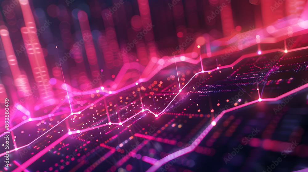Poster futuristic financial data visualization with a sharp upward trend featuring glowing pink and red lin