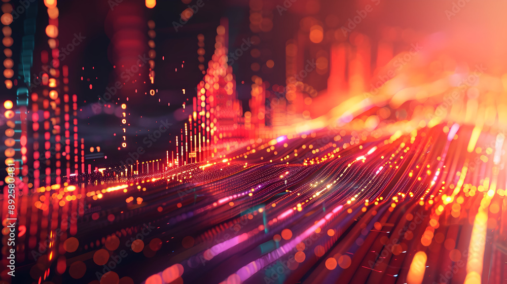 Poster futuristic abstract representation of financial growth featuring a sharp rising graph with glowing r