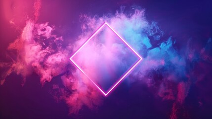 Abstract neon background with glowing diamond shape and spinning cloud. Blank geometric frame