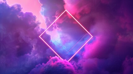Abstract neon background with glowing diamond shape and spinning cloud. Blank geometric frame