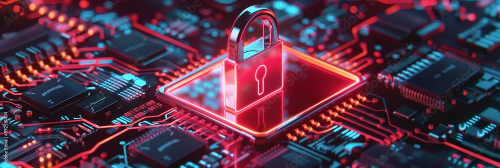 Poster secure cyber network - data protection and digital security concept - a padlock sits on a circuit bo