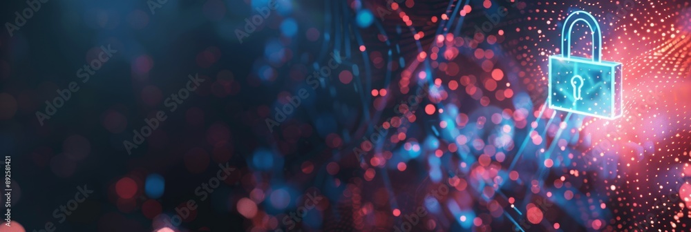 Poster secure digital future: cyber security and data protection - a futuristic digital padlock symbol on a