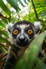 Obraz premium Fish-eye Lens Effect of a Lemur with Its Eyes Wide - In a dense tropical forest with lush foliage 