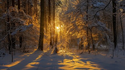 Sunbeams in Winter Forest.