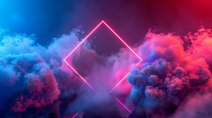 Abstract neon background with glowing diamond shape and spinning cloud. Blank geometric frame