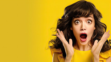 Surprised Girl Reacting to a Great Offer on Yellow Background