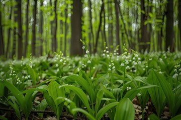 Fototapeta premium A lush green forest with a field of white flowers. The flowers are scattered throughout the field, creating a serene and peaceful atmosphere. The forest is filled with life