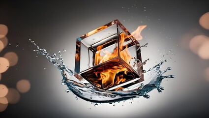 The picture shows a clear cube filled with fire and water, with flames burning within and water splattering outside, signifying the coexistence of antagonistic elements.