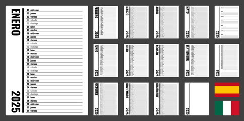 2025 year planner, vertical personal organizer template, spanish month and weekday names