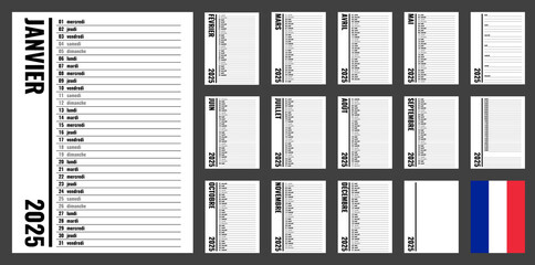 2025 year planner, vertical personal organizer template, french month and weekday names