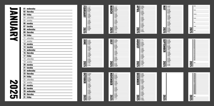 2025 year planner, vertical personal organizer template, english month and weekday names