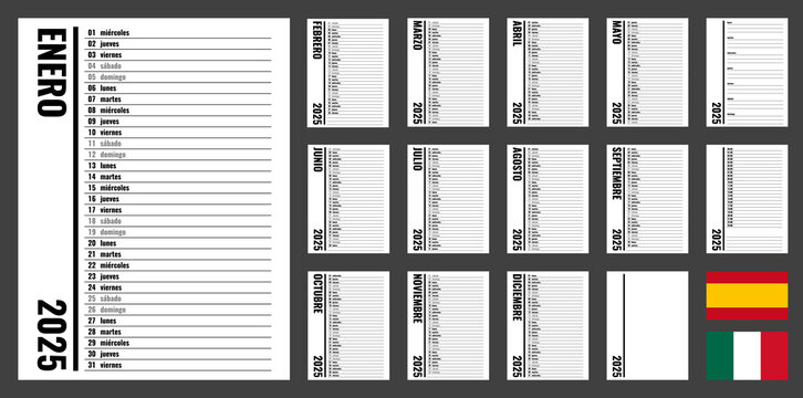 2025 year planner, vertical personal organizer template, spanish month and weekday names