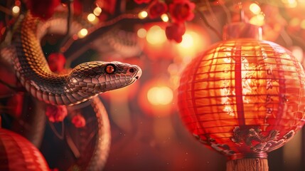 Obraz premium Snake and Chinese Lantern in Red Festive Lights - A snake wrapped around a branch with red lanterns hanging in the background. The snake is staring directly at the viewer, with its eyes reflecting the