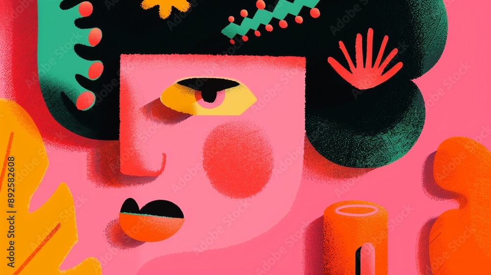 Poster stylized abstract face with intricate patterns and shapes, representing artistic identity and self-e
