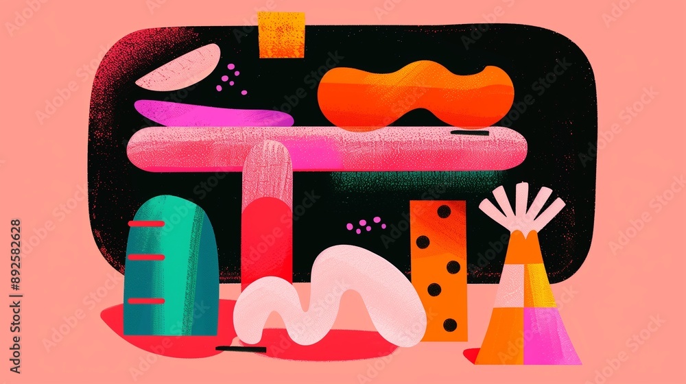 Poster abstract shapes and vibrant colors form a cohesive brand identity. stylized patterns illustrate desi