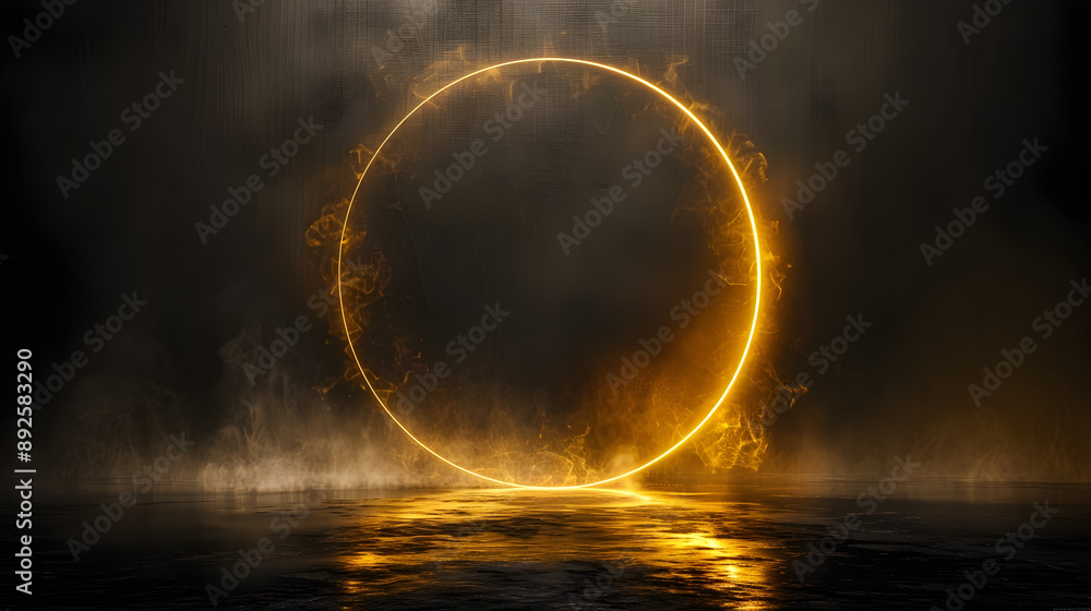 Poster dramatic high contrast image featuring a glowing golden circular shape suspended against a deep dark