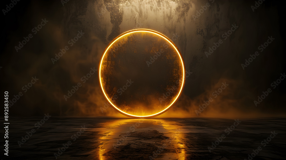 Poster radiant golden circle suspended in a dramatic dark backdrop with soft ambient lighting that highligh