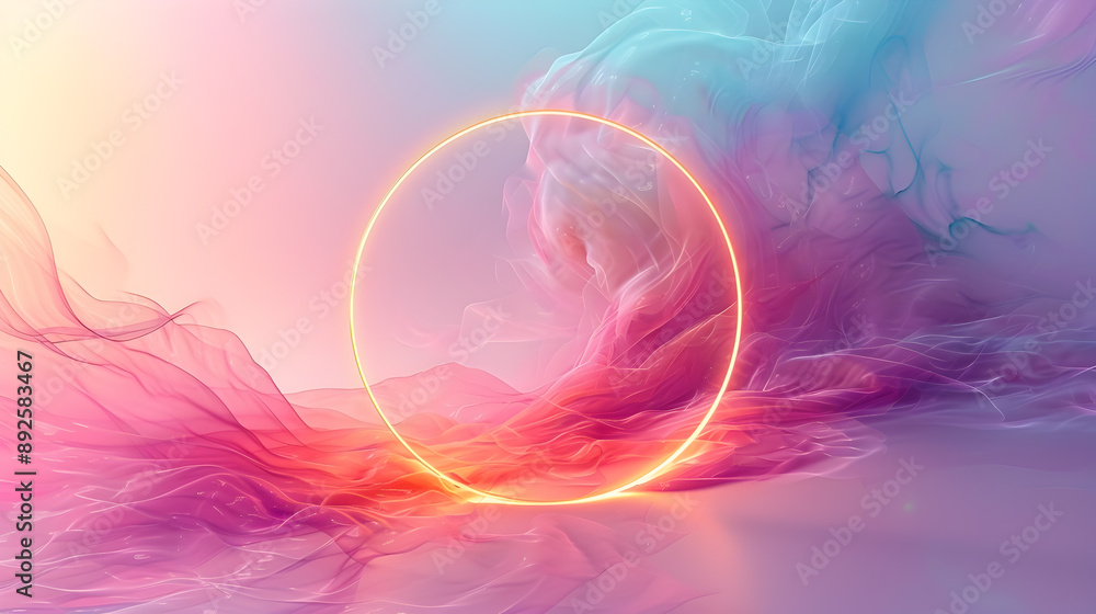 Poster digital featuring a golden circle with a soft pastel gradient background the circular element is the