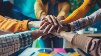 Teamwork, Collaboration and Unity: Diverse Hands Joined Together - A group of diverse individuals with their hands stacked on top of each other, symbolizing teamwork, collaboration, unity, support, an