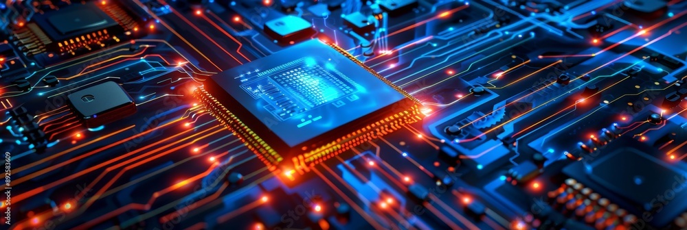 Poster the power of technology: a close-up of a computer chip - a close-up image of a computer chip, with g