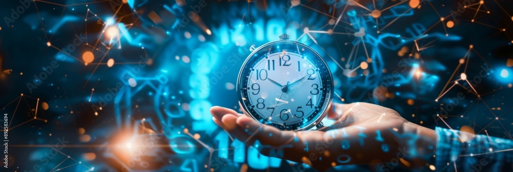 Poster time management and productivity concept with clock and network - hand holding a clock with glowing 