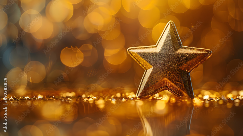 Poster gleaming golden star medal centered against smooth golden gradient background illuminated by soft sp