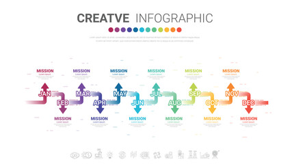 Presentation business infographic template, Timeline for 12 months, 1 year, can be used for workflow, process diagram, flow chart.