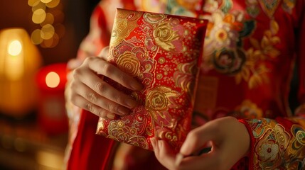 Naklejka premium Traditional Chinese Red Envelope Gift for Good Luck and Prosperity - A woman's hand holding a red envelope, a symbol of luck, prosperity, and good fortune in Chinese culture. The intricate floral desi