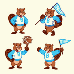 Set of Beavers Sport Mascot in Vintage Style