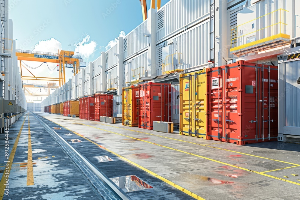 Poster high-security shipping dock with reinforced containers, advanced surveillance systems, and biometric
