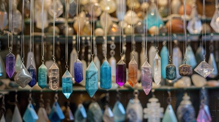 Display of crystal necklaces with various crystal cuts and colors in a metaphysical shop.