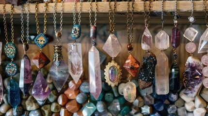 Display of crystal necklaces with various crystal cuts and colors in a metaphysical shop.