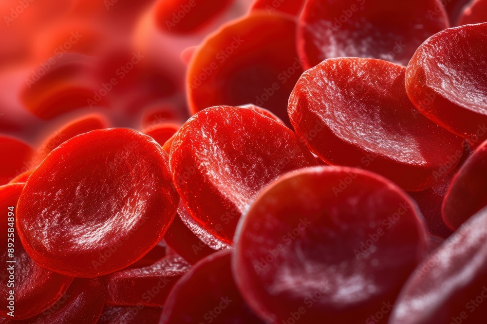 Poster macro image showcasing the texture and biological structure of red blood cells with a vibrant backdr