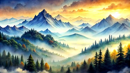 Obraz premium Dreamy Mountainscape: A Serene Watercolor Depiction of Majestic Peaks and Misty Valleys Generative AI Art