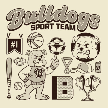 Vector of Bulldog Mascot Vintage Hand Drawn Object Set