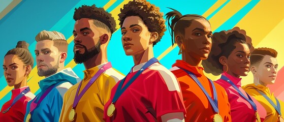 Victorious Champions Displaying Medals on Colorful Podium - Celebrating Sportsmanship and Achievement