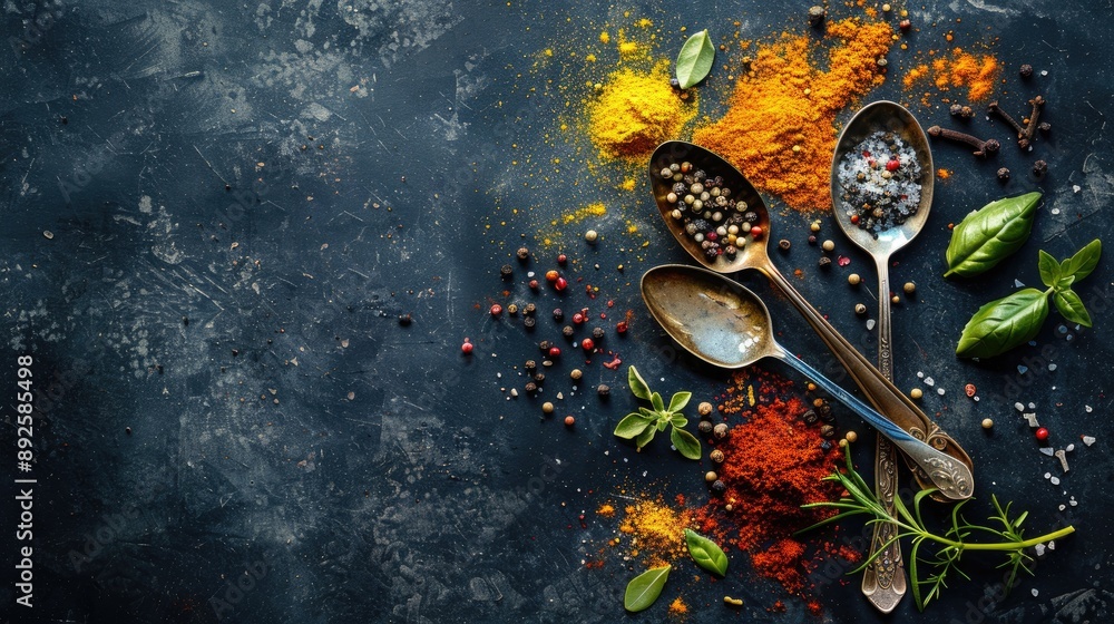 Poster a close up of three spoons with various spices on a black background. the spices include pepper, cum