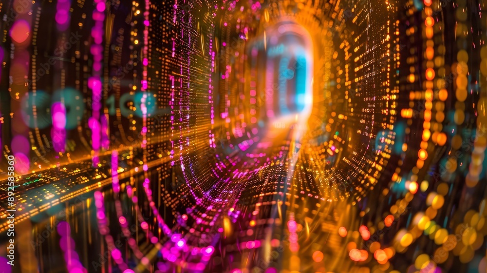 Poster abstract tunnel of light and data - a digital tunnel with vibrant, colorful lights symbolizing data 