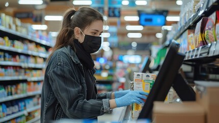 Essential worker working at a grocery store checkout.