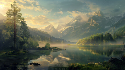 Snowy Mountain Lake Early Morning View