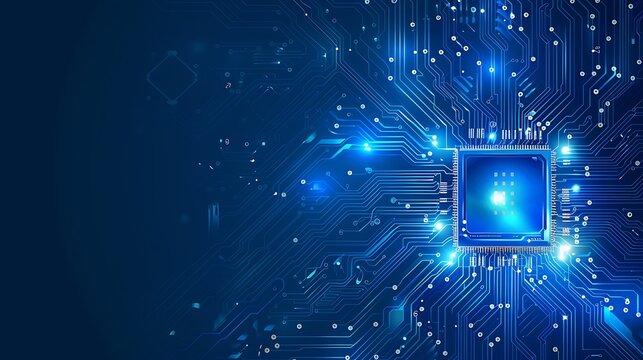Futuristic microchip processor with lights on the blue background