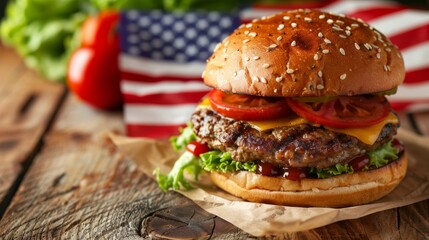 American Cheeseburger with Flag - A juicy cheeseburger with lettuce, tomato, and ketchup sits on a rustic wooden table, with a red, white, and blue American flag in the background, symbolizing patriot