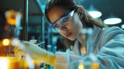 Female portrait of a scientist conducting experiments in a laboratory.