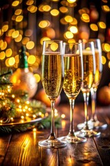Champagne glasses with festive lights in the background.