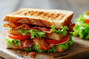 Close-up of a delicious blt sandwich with crispy bacon, lettuce, and tomato slices